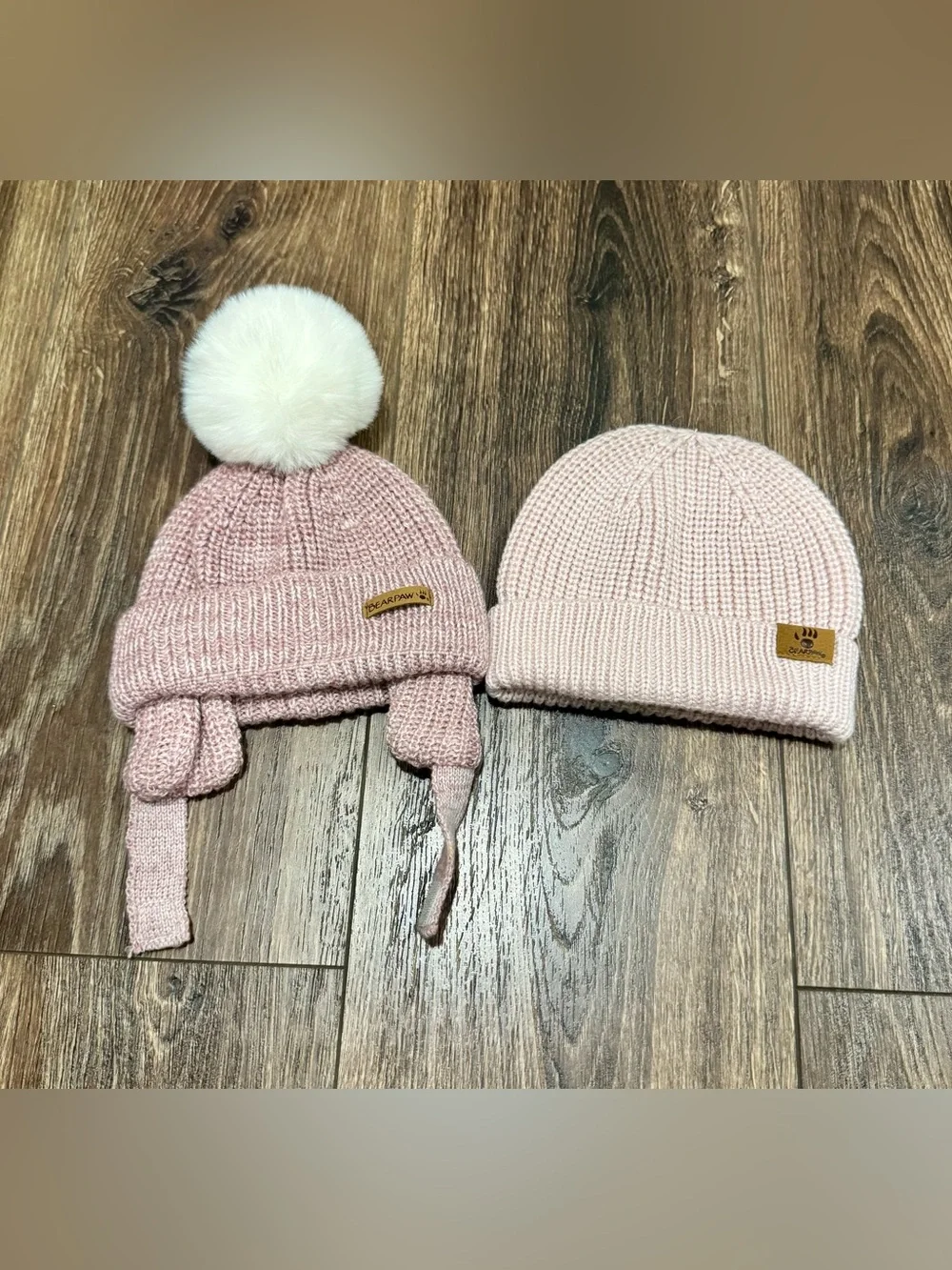 Infant Bear Paw Pink Knit Hat Bundle